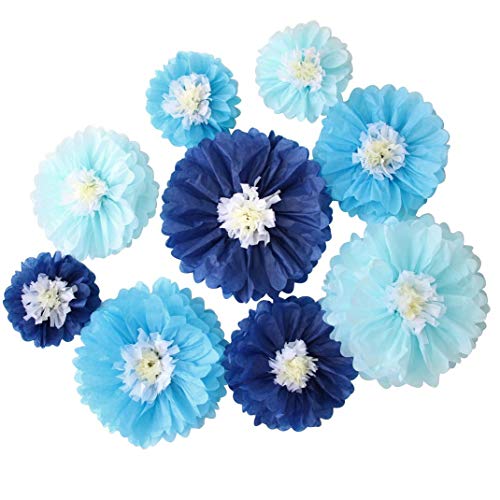 Product Cover Mybbshower Handcrafted Blue Tissue Paper Flowers Large 10''-8''-6'' Boy Baby Shower Photo Backdrop Birthday Party Wall Decor Pack of 9