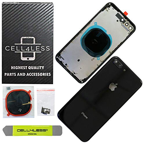 Product Cover CELL4LESS Back Housing Assembly Metal Frame w/Back Glass - Wireless Charging pad - Sim Card Tray and Camera Frame and Lens for iPhone 8 Plus (Black)