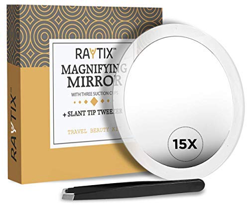 Product Cover Raytix 15X Magnifying Mirror: 15X Magnifying Mirror & Slant Tweezers Set Makeup Application & Eyebrow Removal Essentials | Round Mirror with 3 Suction Cups & Stainless Steel Slant Tip Tw
