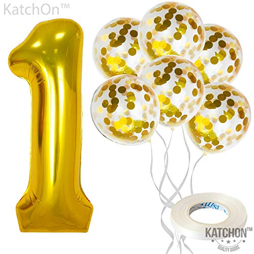 Product Cover Large, Number 1 Balloon and Gold Confetti Balloons - 1st Birthday Decorations | First Birthday Balloons Party Supplies | Gold One Balloon | Gold 1 Balloon | 1st Birthday Balloons | 32 Foot String