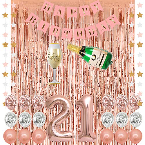 Product Cover Rose Gold 21 Birthday Party Decorations Supplies, Champagne Balloon, Pink Happy Birthday Banner, 21 Balloons,Rose Gold Foil Fringe Curtains,Confetti Balloons for Finally Legal 21 Birthday