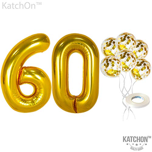 Product Cover KatchOn Number 60 and Gold Confetti Balloons - Large, 40 Inch Foiil Gold Balloons | 5 Gold Confetti Balloons, 12 Inch | 60th Birthday Party Decorations | Party Supplies for Anniversary Décor