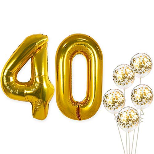 Product Cover Number 40 and Gold Confetti Balloons - Large, 40 Inch Foiil Gold Balloons | 5 Gold Confetti Balloons, 12 Inch | 40th Birthday Party Decorations | Party Supplies for Anniversary Décor