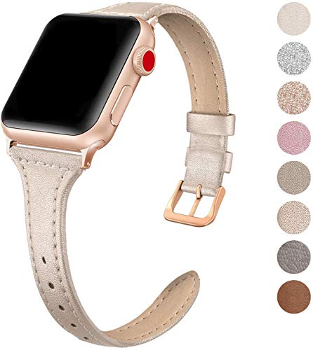Product Cover SWEES Leather Band Compatible for Apple Watch iWatch 38mm 40mm, Slim Thin Dressy Genuine Leather Strap Compatible iWatch Series 5 Series 4 Series 3 Series 2 Series 1 Sport Edition, Champagne
