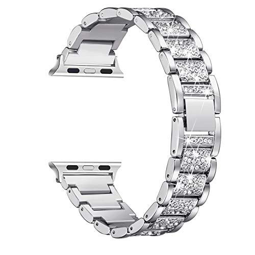 Product Cover Secbolt Bling Bands Compatible with Apple Watch Band 38mm 40mm iWatch Series 5/4/3/2/1, Dressy Jewelry Metal Bracelet Adjustable Wristband, Silver