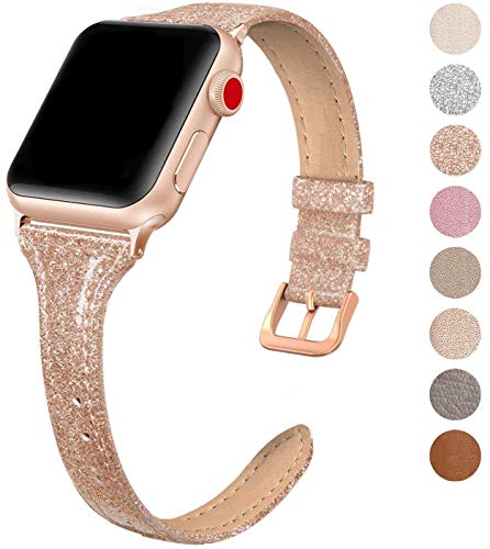 Product Cover SWEES Leather Band Compatible for Apple Watch iWatch 38mm 40mm, Slim Thin Genuine Leather Strap Compatible iWatch Series 5 Series 4 Series 3 Series 2 Series 1 Sport Edition, Shiny Rose Gold