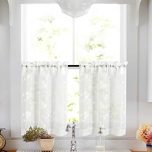 Product Cover Tier Curtains White 45 Inch Length Kitchen Cafe Floral Embroidered Sheer Window Curtain Set for Bathroom Semi Sheer Curtains Voile Floral Drapes Rod Pocket 2 Panels