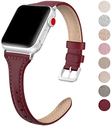 Product Cover SWEES Leather Band Compatible for Apple Watch iWatch 38mm 40mm, Slim Thin Elegant Genuine Leather Strap Compatible iWatch Series 5 Series 4 Series 3 Series 2 Series 1 Sport Edition, Wine Red