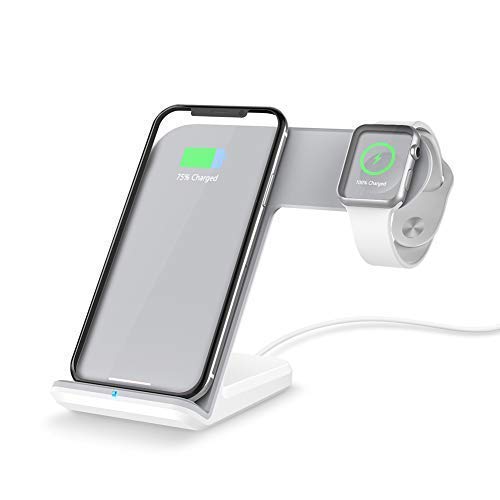 Product Cover FACEVER 2 in 1 Wireless Charger Stand Dock Fast Qi Phone iWatch Charging Station Compatible for Apple Watch Series 1 2 3 4 5 iPhone 11 Pro Max X XS XR 8 8 Plus Samsung S9 S10, White