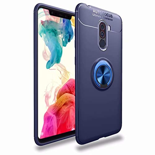 Product Cover Xiaomi Pocophone F1 Case, Shockproof Slim Fit Anti-Drop Ring Holder Stand Full-Body Protective Back Cover with Kickstand for Xiaomi Pocophone F1 w/Tempered Glass Screen Protector. (Dark Blue)