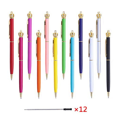 Product Cover Crown Pens Ballpoint Pens 12 Pieces Rhinestones Crystal Metal Ballpoint Pens Black Ink + 12Pcs 2.5'' Ballpoint Pen Refills (12 Color Crown Pens)