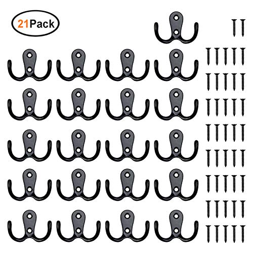 Product Cover 21 Pieces Double Prong Robe Hook Rustic Hooks Retro Cloth Hanger Coat Hanger Wall Mounted Hook with 42 Pieces Screws (Black Color)