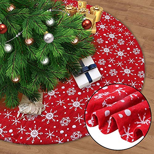 Product Cover MAGGIFT 48 Inch Red Christmas Tree Skirt with Snowflakes, Traditional Christmas Tree Mat Double Layers for Xmas Party Decoration