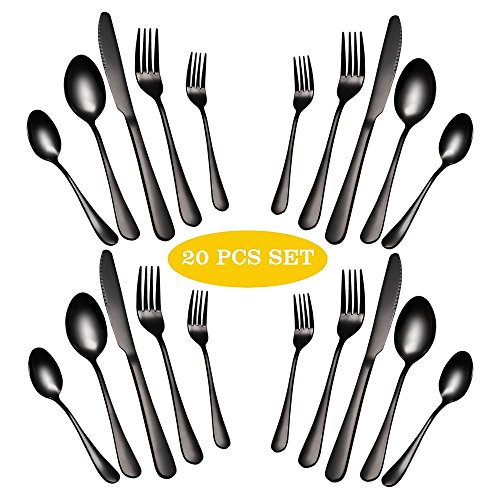 Product Cover Maredash 20 Piece Black Silverware Set, Flatware Set Stainless Steel Cutlery Mirror Polished Utensil Tableware Sets, Include Knife Fork Spoon for Kitchen Service for 4