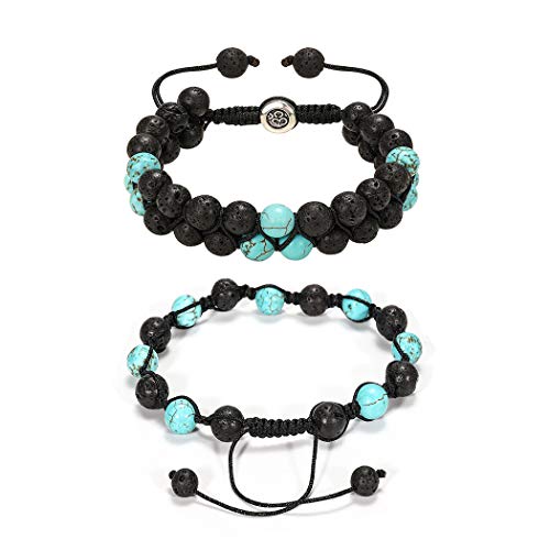 Product Cover Startoo Adjustable Couple Lava Bracelet - 2 Pieces Essential Oil Diffusers 8mm Handmade Natural Beaded Bracelets with Turquoise for Women and Men