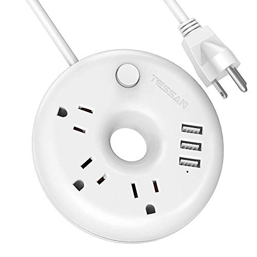 Product Cover Travel Power Strip with USB, TESSAN 3 Outlets 3 USB Desktop Charging Station 5 Feet Extension Cord for Travel Office, Home, Hotels, Cruise Ship, Nightstand - White