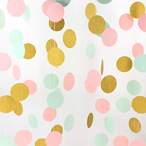 Product Cover Pink and Gold Hanging Paper Garlands Decorations Mint Green Ceiling Hangings Banners Baby Shower Nursery Wedding Bridal Shower Party Decorations, 26ft