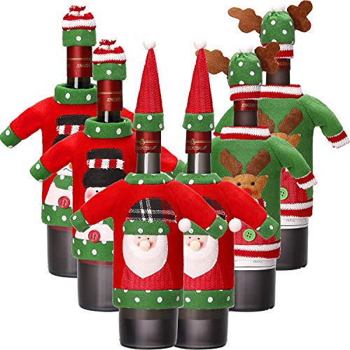 Product Cover Boao 6 Sets Christmas Wine Bottle Cover Knit Sweater Wine Bottle Dress Santa Reindeer Snowman Wine Bottle Cover for Christmas Decorations Christmas Sweater Party Decorations (Style 1)