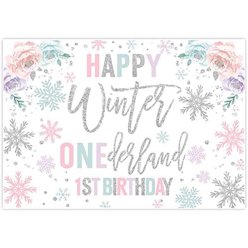 Product Cover Allenjoy 7x5ft Winter Onederland Backdrop Newborn Baby Girl's 1st First Christmas Holiday Birthday Party Candy Table Decor Banner White Snowflakes Photo Booth Background Pink Silver Event Decoration