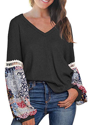 Product Cover MIHOLL Women's Casual Tops Printed Long Sleeve V Neck T Shirts Loose Pullover Sweater