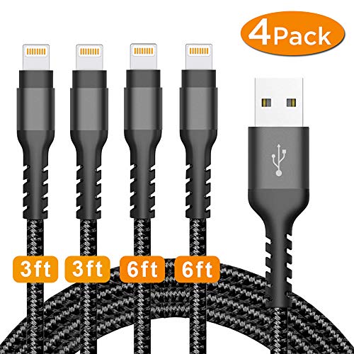 Product Cover Azhizco Charger Cable for iPhone 4Pack 2x3Ft 2x6Ft Nylon Braided Lighting to USB Charging Cable Syncing Cord Compatible for iPhone X, 8, 7, Plus, 6, 6S, 6 Plus, 5, 5C, 5S, SE, iPad, iPod(Black)
