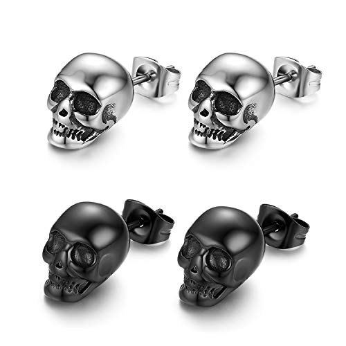 Product Cover Cupimatch 2 Pairs Punk Stainless Steel Stud Skull Earrings, Mens Silver Black Rock Ear Piercing Earrings