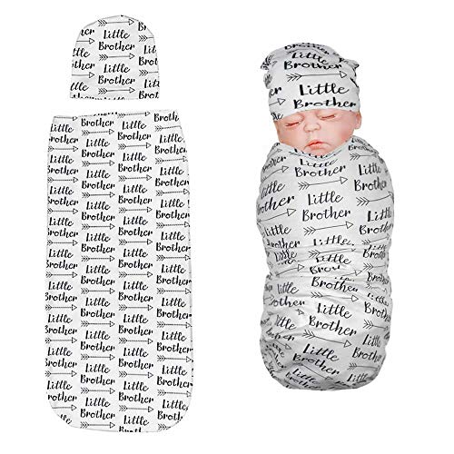 Product Cover TIANNUOFA Newborn Swaddle Blanket with Beanie Set,Soft Stretchy Cocoon Sack for 0-3 Months Baby Boys and Girls(Little Brother)
