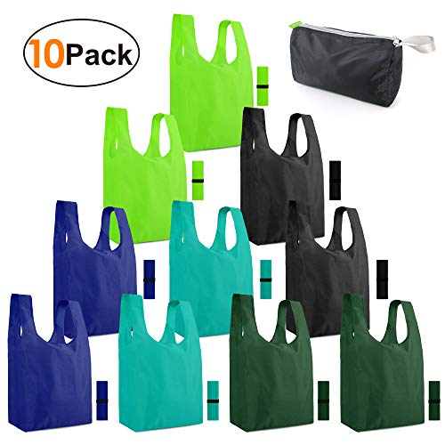 Product Cover Reusable-Grocery-Bags-Shopping-Foldable-Bags for Groceries 10 Pack Xlarge Bags with Elastic Zipper Bags Gift Bags Machine Washable Lightweight Sturdy Moss Teal Green Black Navy