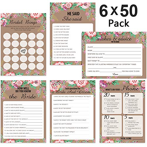 Product Cover 300 Sheet Floral Bridal Shower Bingo Games Cards, POAO Wedding Game Cards Pack and Party Supplies, Set of 6 Games / 50 Sheets Each Game(5 x 7Inches)