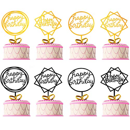 Product Cover Tatuo 8 Pieces Happy Birthday Cake Topper Acrylic Cupcake Toppers Party Supplies for Birthday Cake Favor, Gold and Black