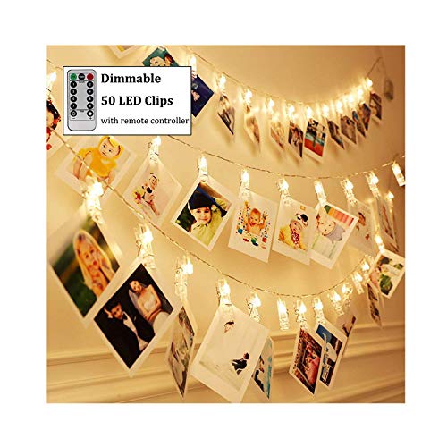 Product Cover Dimmable 50 LED Photo Clips String Lights Holder with Remote & Timer Function, Home/Party/Christmas Decor Lights for Hanging Photos Pictures, Memos and Artwork, Warm White