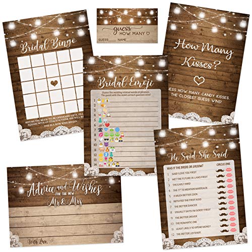 Product Cover Rustic Bridal Shower Games, Set of 5 Games, 50 Sheets Each, Bridal Shower Games and Wedding Anniversary Activities, Includes Marriage Advice Cards and Emoji Game, 5 x 7 Inches