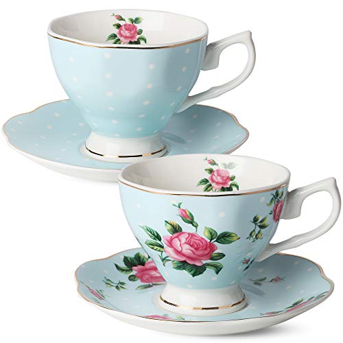 Product Cover BTäT- Floral Tea Cups and Saucers, Set of 2 (Blue - 8 oz) with Gold Trim and Gift Box, Coffee Cups, Floral Tea Cup Set, British Tea Cups, Bone China Porcelain Tea Set, Tea Sets for Women, Latte Cups