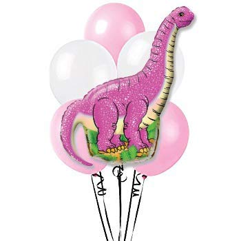 Product Cover Dinosaur Balloons for Kids - 7-Pack 1-Dinosaur and 6 Pink and White 12inch Balloons Set for Birthday Party - Premium Quality Foil - Reusable - Vivid Colors and Funny Animal