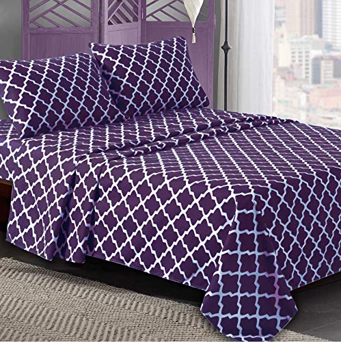 Product Cover Lux Decor Collection Bed Sheet Set - Brushed Microfiber 1800 Bedding - Wrinkle, Stain and Fade Resistant - Hypoallergenic - 4 Piece (Queen, Quatrefoil Purple)