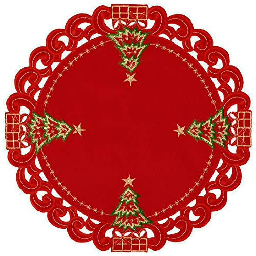 Product Cover Grelucgo Set of 4 Embroidered Christmas Holiday Holly Tree Table Doilies Placemats, Round 16 Inch
