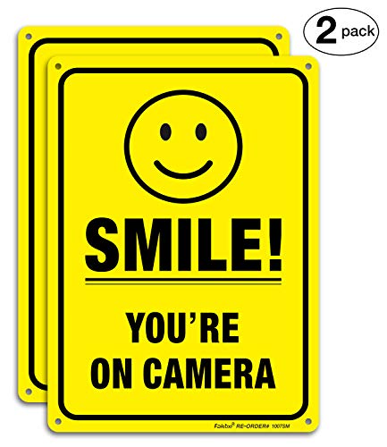 Product Cover (2 Pack) Smile You're On Camera Video Surveillance Sign - 10 x7 Inches .040 Rust Free Heavy Duty Aluminum - Indoor or Outdoor Use for Home Business CCTV Security Camera,UV Protected & Reflective