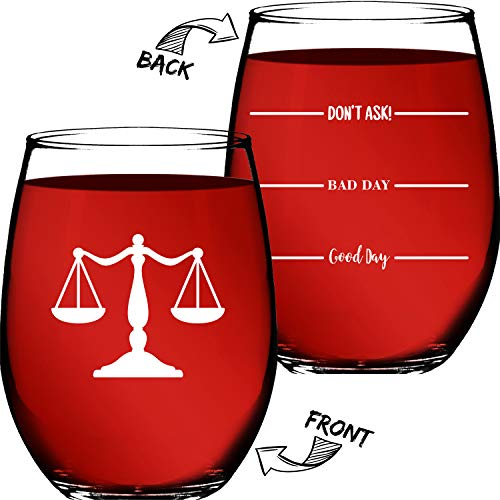 Product Cover Lawyer Gifts - (2 Sided) Funny Unique Novelty Stemless Wine Glass Birthday or Christmas Gifts For Paralegal, Attorney, Legal Assistant, or Law Student - Lawyer Gifts For Women & Men