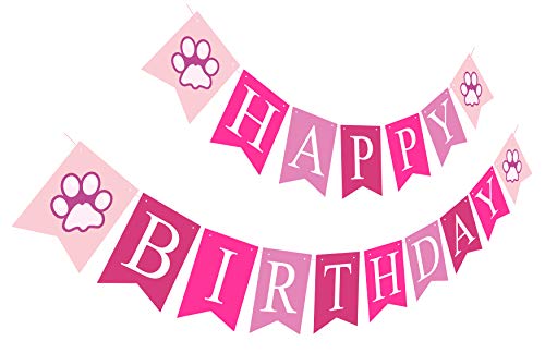Product Cover Puppy Happy Birthday Banner | Girl Birthday Sign | Paper Card Stock Bday Party Decoration - Pink