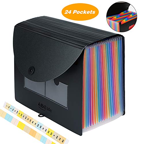 Product Cover Accordian File Organizer, 24 Pockets Expanding File Folder with Cover/Accordion Receipt File Folder/Portable Filing Box A4 Letter Size Bill Document Paper Organizer with Colored Tab for School