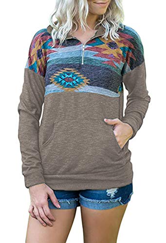Product Cover Hount Women's Long Sleeve Pullover Tops High Zipper Casual Floral Printed Sweatshirts with Pocket