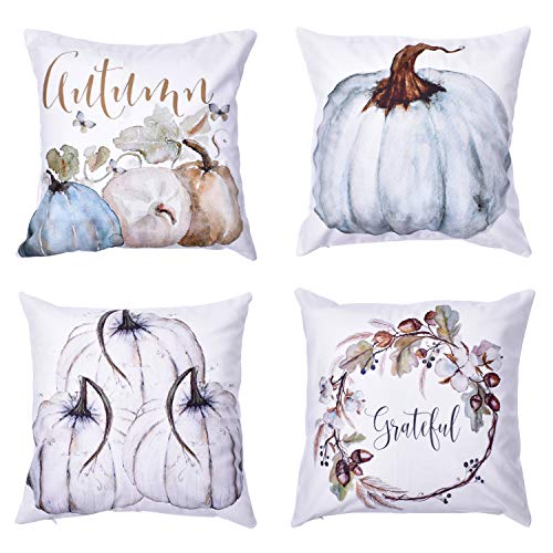 Product Cover Blovec Pumpkin Throw Pillow Covers Thanksgiving Halloween Decorative Autumn Pillow Cases Set of 4 Cotton Blend Cushion Covers 18