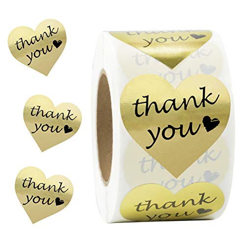 Product Cover SJPACK Gold Heart Shape Thank You Stickers, Foil Decorative Sealing Labels, 500 Stickers/Roll, 1.5