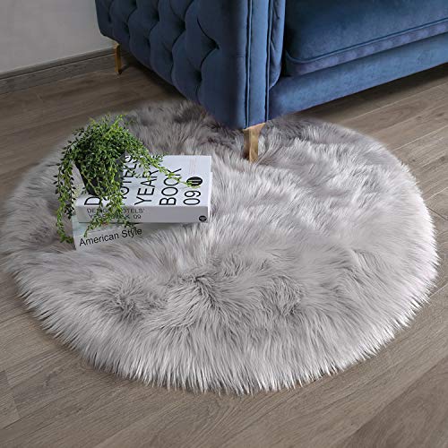 Product Cover Ashler Ultra Soft Fluffy Area Rug Faux Fur Sheepskin Carpet Chair Couch Cover for Bedroom Floor Sofa Living Room, Grey Round 3 x 3 Feet