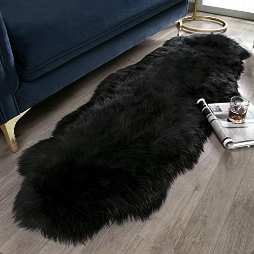 Product Cover Ashler Soft Faux Sheepskin Fur Chair Couch Cover Black Area Rug for Bedroom Floor Sofa Living Room 2 x 6 Feet