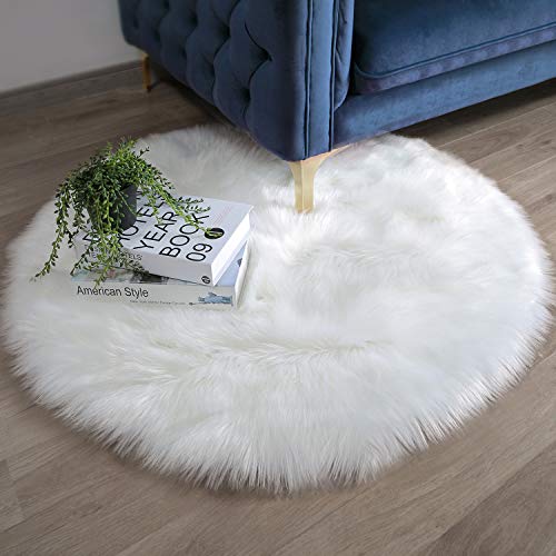 Product Cover Ashler Faux Fur White Round Area Rug Indoor Ultra Soft Fluffy Bedroom Floor Sofa Living Room 3 x 3 Feet