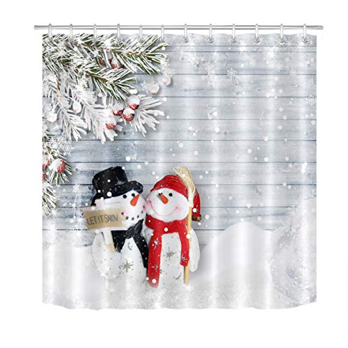 Product Cover LB Modern Couple Snowman Shower Curtain,Hug A Letitsnow Placard in Snow Scene on Grey Wood Board Funny Christmas Shower Curtain for Kids Bathroom 72x72 Inch Waterproof Polyester Fabric with 12 Hooks