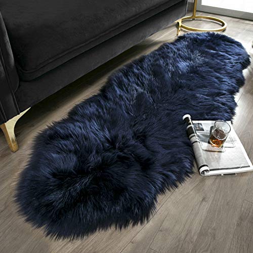 Product Cover Ashler Soft Faux Sheepskin Fur Chair Couch Cover Navy Blue Area Rug for Bedroom Floor Sofa Living Room 2 x 6 Feet