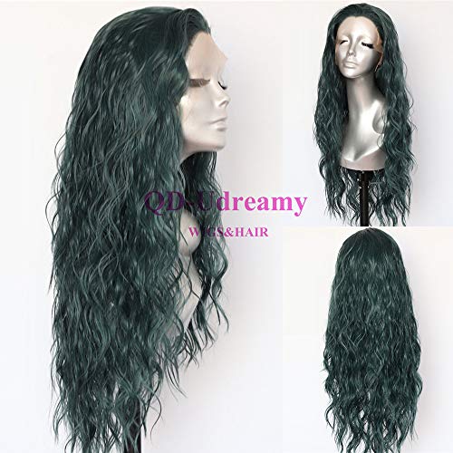 Product Cover QD-Udreamy Glueless Lace Front Wigs Dark Green Natural Wavy Synthetic Lace Front Wigs Natural Hairline Heat Resistant Fiber Wigs for Women 24 Inch