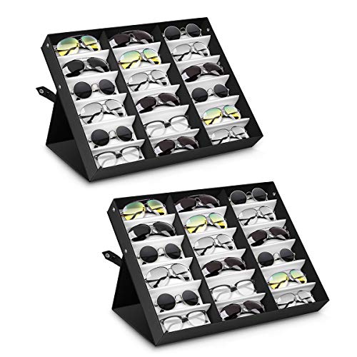 Product Cover Jiffordwind 18 Slot Polyester Silk Lining Sunglasses Display Case Sunglass Eyewear Display Storage Case Tray Jewelry Watches Organizer Box with Stand Function (2 Pack)